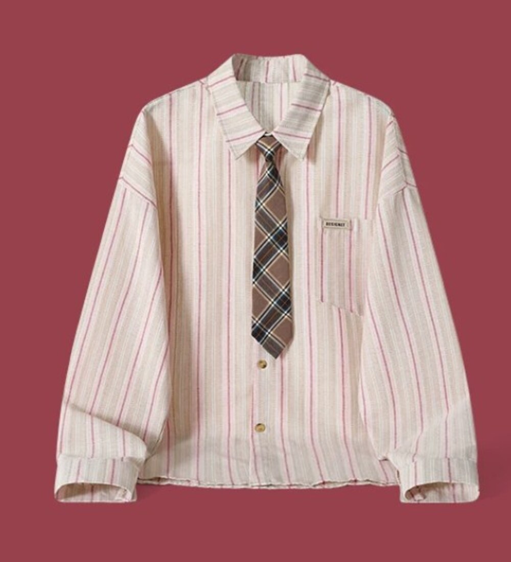Pink Stripe Shirt with Plaid Tie